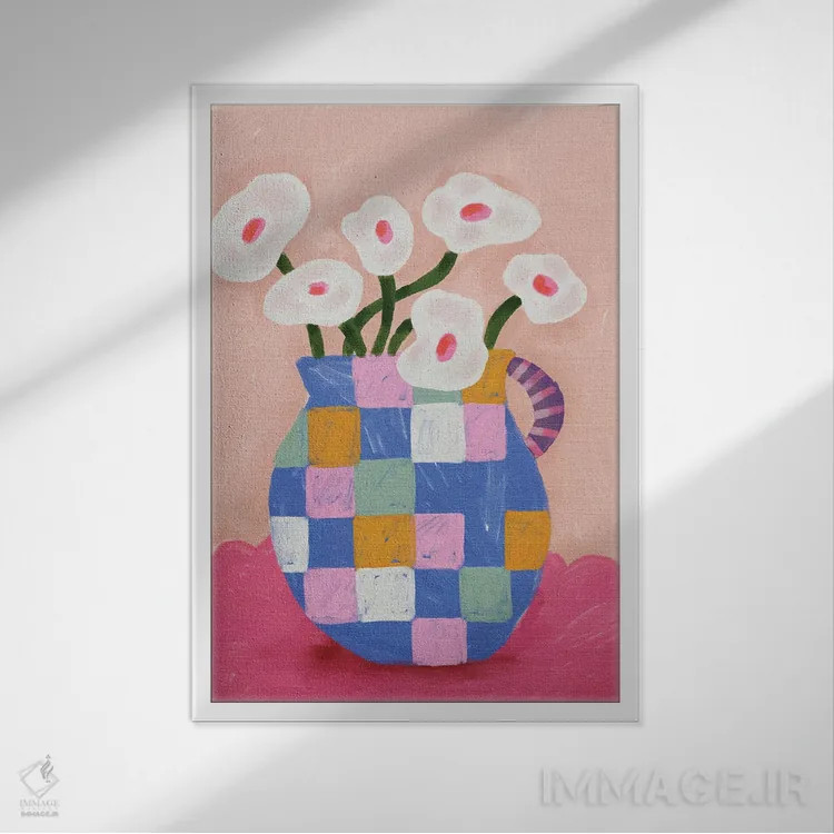 تابلو مدرن گل های انتزاعی در گلدان اثر کارتیکا پارامیتا - نمای قابدار سفید