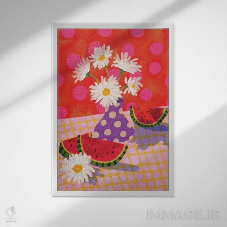 تابلو دکوراتیو گل بابونه و هندوانه اثر کارتیکا پارامیتا - نمای قابدار سفید