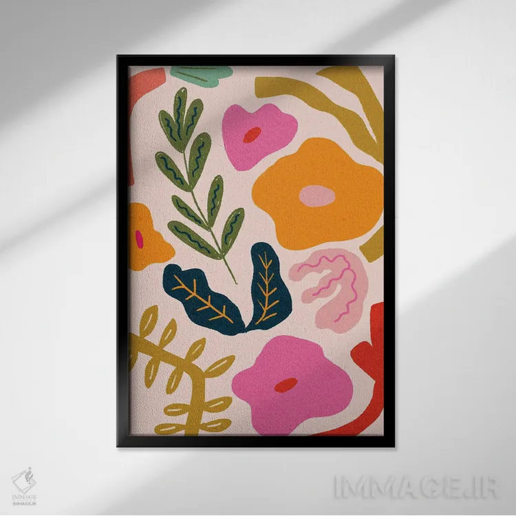 تابلو مینیمال گیاه شناسی انتزاعی رنگارنگ اثر کارتیکا پارامیتا - نمای قابدار مشکی