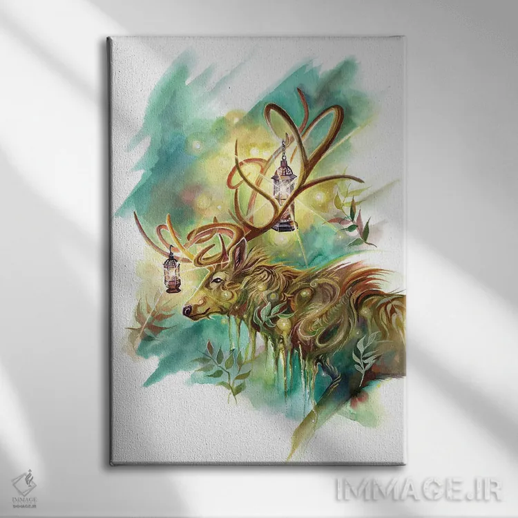 تابلو دکوراتیو روح گوزن فانوس دار اثر کتی لیپسکامب - نمای روبهرو روی دیوار