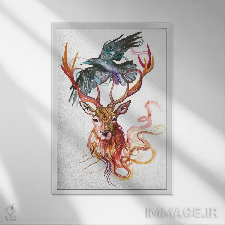 تابلو دکوراتیو گوزن و کلاغ اثر کتی لیپسکامب - نمای قابدار سفید