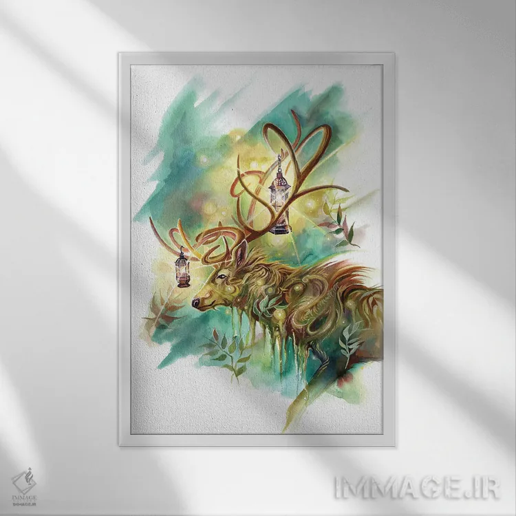 تابلو دکوراتیو روح گوزن فانوس دار اثر کتی لیپسکامب - نمای قابدار سفید