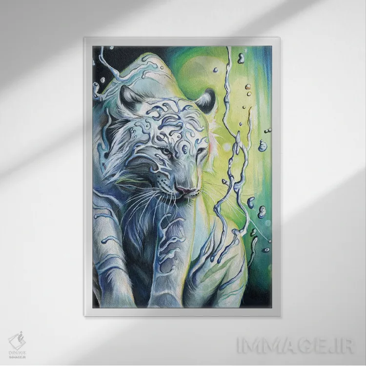 تابلو دکوراتیو روح ببر آبی اثر کتی لیپسکامب - نمای قابدار سفید