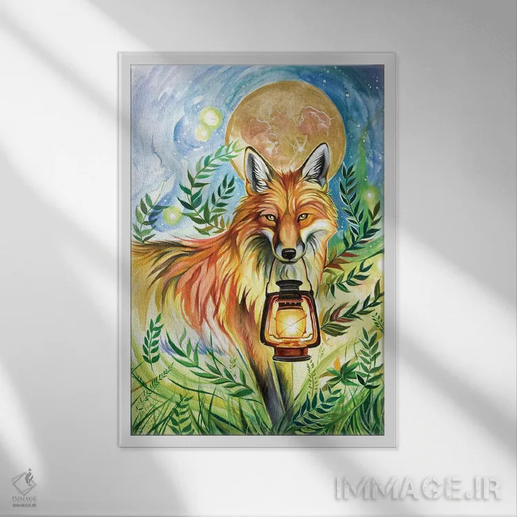 تابلو دکوراتیو روباه فانوس دار اثر کتی لیپسکامب - نمای قابدار سفید