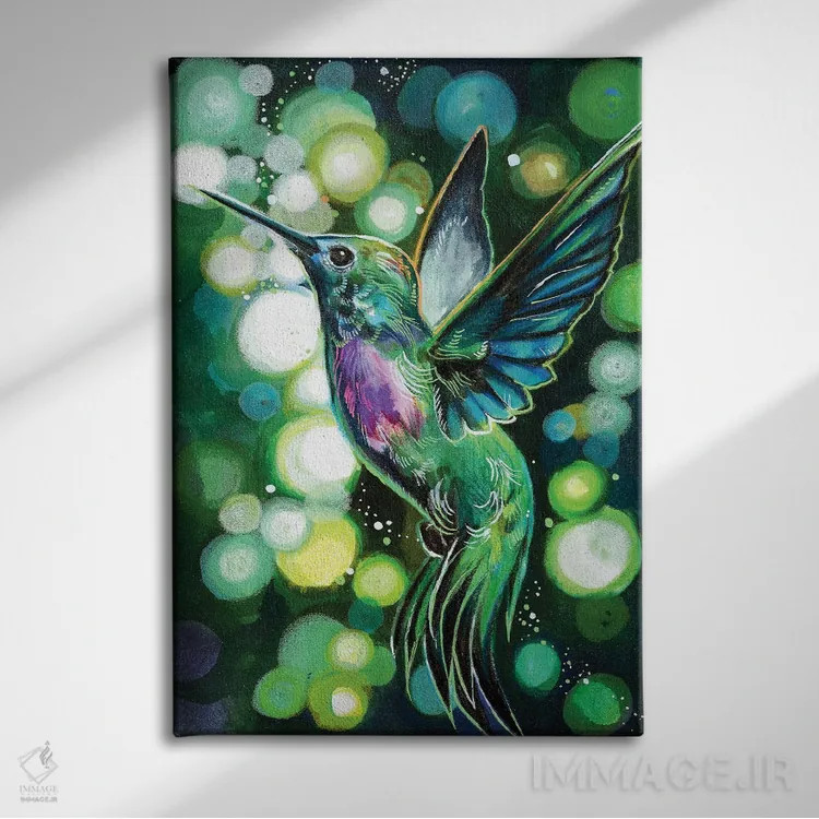 تابلو دکوراتیو پرواز مرغ مگس خوار اثر کتی لیپسکامب - نمای روبهرو روی دیوار