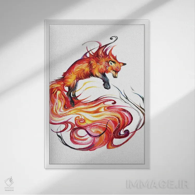 تابلو دکوراتیو روباه کهکشان آتشین اثر کتی لیپسکامب - نمای قابدار سفید