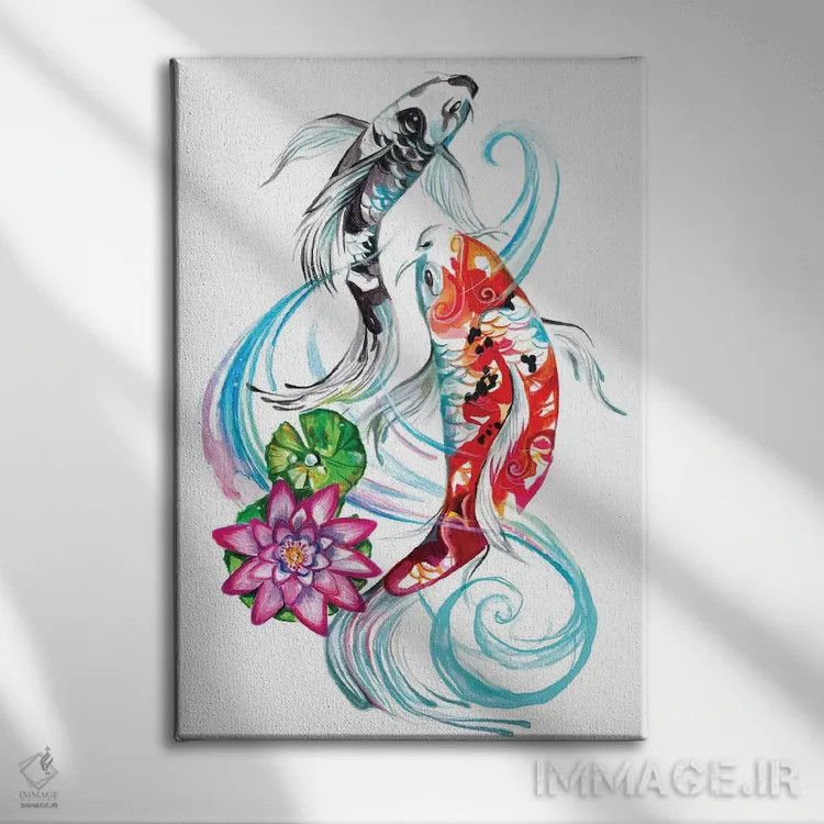 تابلو دکوراتیو یک جفت ماهی کوی اثر کتی لیپسکامب - نمای روبهرو روی دیوار