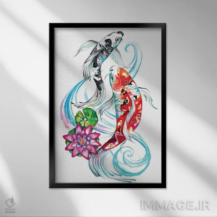 تابلو دکوراتیو یک جفت ماهی کوی اثر کتی لیپسکامب - نمای قابدار مشکی