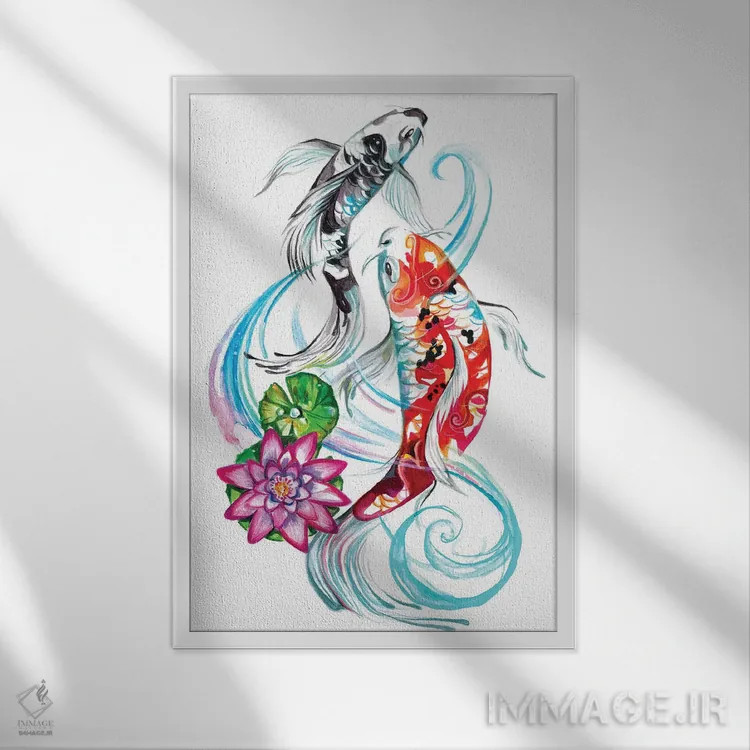 تابلو دکوراتیو یک جفت ماهی کوی اثر کتی لیپسکامب - نمای قابدار سفید