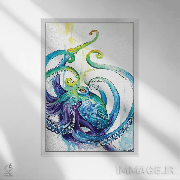 تابلو دکوراتیو اختاپوس اثر کتی لیپسکامب - نمای قابدار سفید