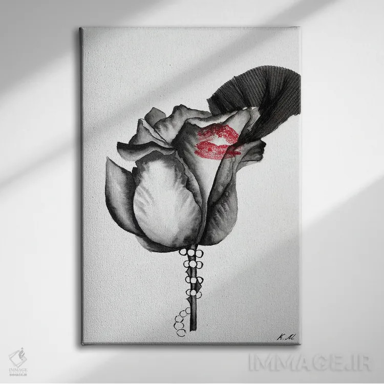 تابلو دکوراتیو بوسه بر گل رز سیاه در پس حجاب اثر کریستینا مالن - نمای روبهرو روی دیوار