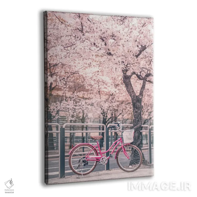 تابلو دکوراتیو دوچرخه صورتی زیر درختان گیلاس اثر کارن منداو - نمای پرسپکتیو محصول