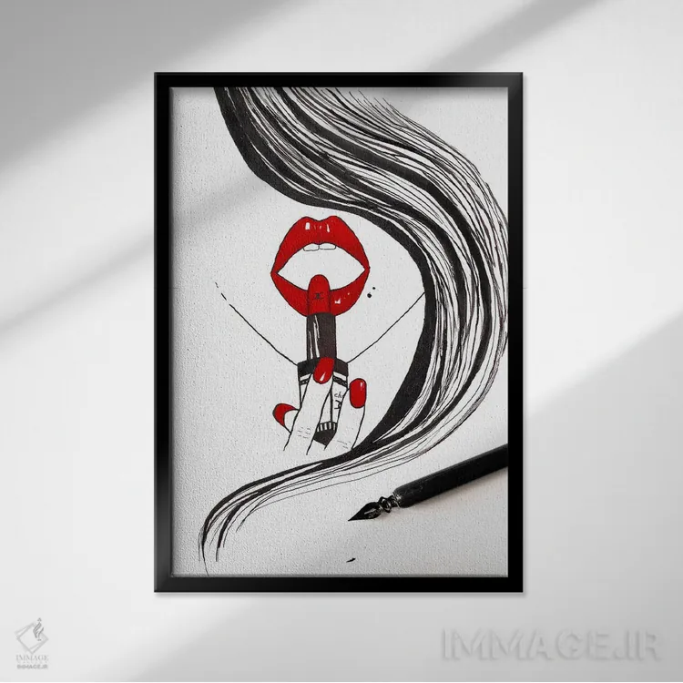 تابلو دکوراتیو رژلب قرمز اثر کریستینا مالن - نمای قابدار مشکی