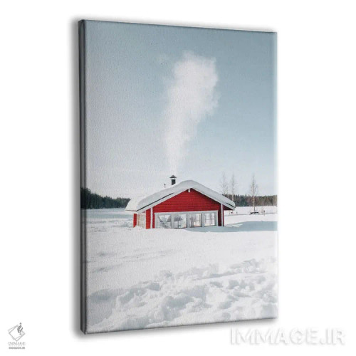 تابلو دکوراتیو کلبه قرمز برفی با دودکش فعال اثر کارن منداو - نمای پرسپکتیو محصول