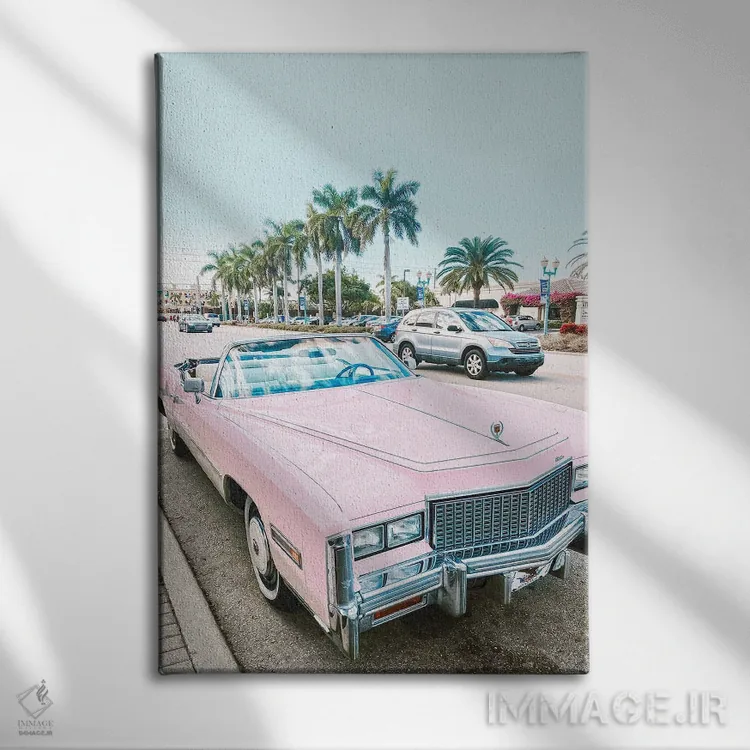 تابلو دکوراتیو ماشین رترو صورتی در لس آنجلس اثر کارن منداو - نمای روبهرو روی دیوار