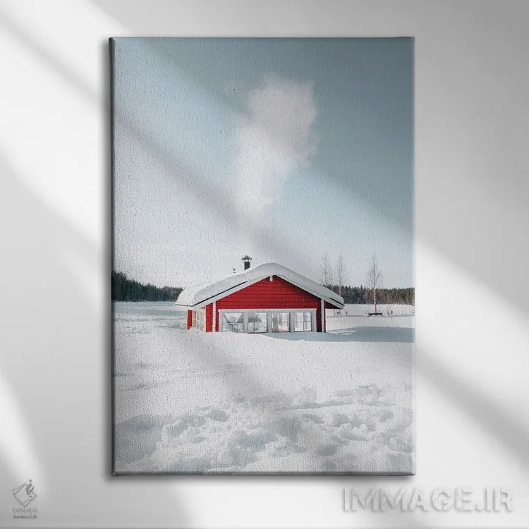 تابلو دکوراتیو کلبه قرمز برفی با دودکش فعال اثر کارن منداو - نمای روبهرو روی دیوار