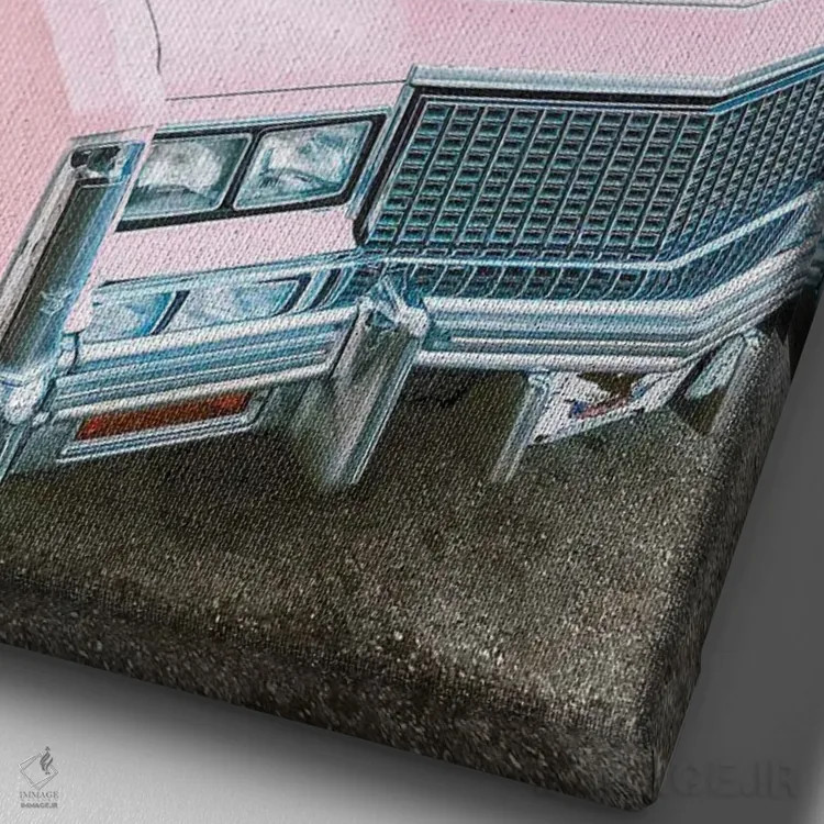 تابلو دکوراتیو ماشین رترو صورتی در لس آنجلس اثر کارن منداو - نمای نزدیک بافت بوم