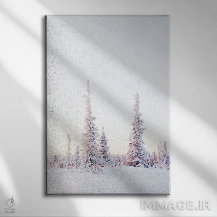 تابلو دکوراتیو درختان کاج صورتی اثر کارن منداو - نمای روبهرو روی دیوار