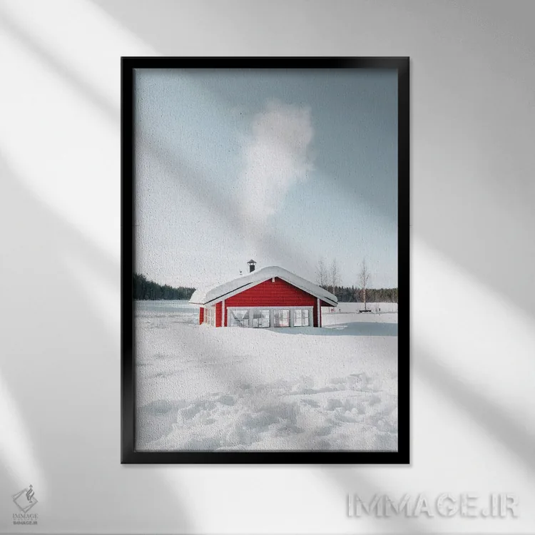 تابلو دکوراتیو کلبه قرمز برفی با دودکش فعال اثر کارن منداو - نمای قابدار مشکی