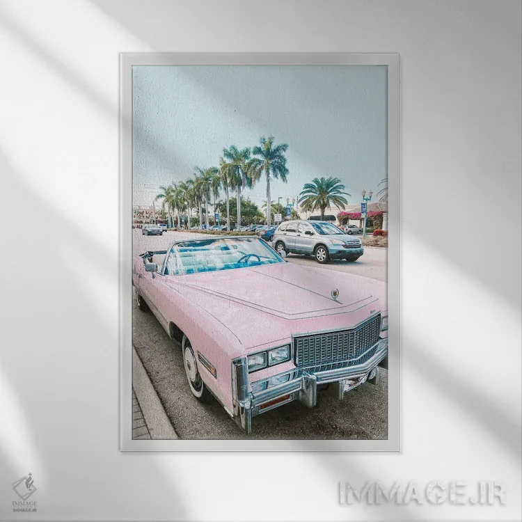 تابلو دکوراتیو ماشین رترو صورتی در لس آنجلس اثر کارن منداو - نمای قابدار سفید