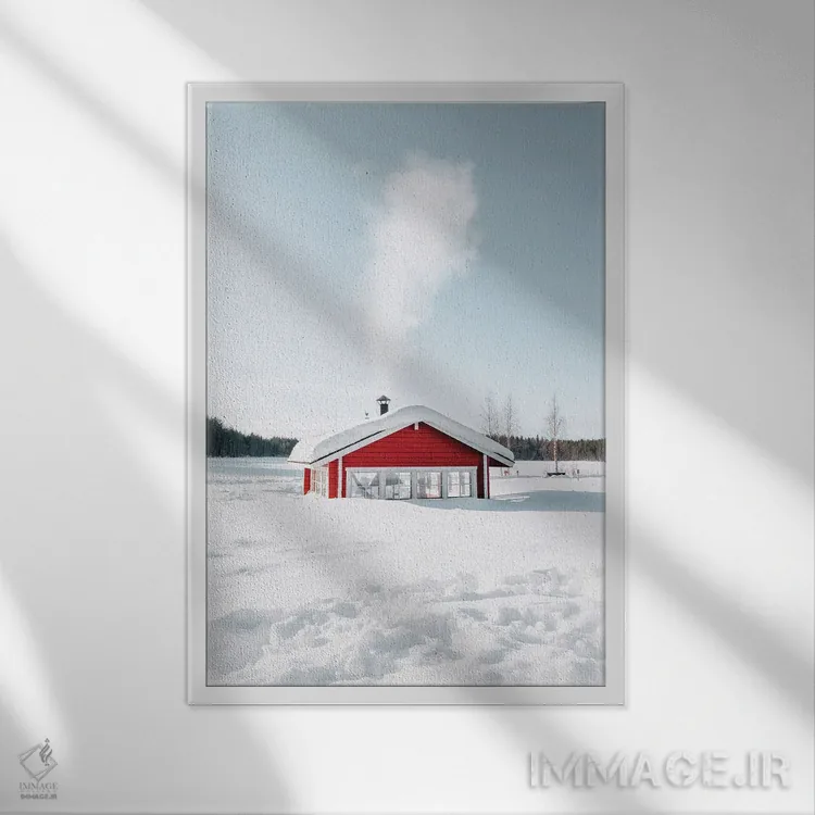 تابلو دکوراتیو کلبه قرمز برفی با دودکش فعال اثر کارن منداو - نمای قابدار سفید