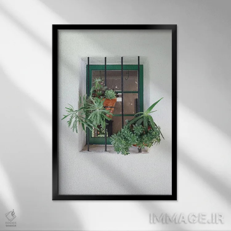 تابلو دکوراتیو پنجره با گیاهان اثر کارن منداو - نمای قابدار مشکی