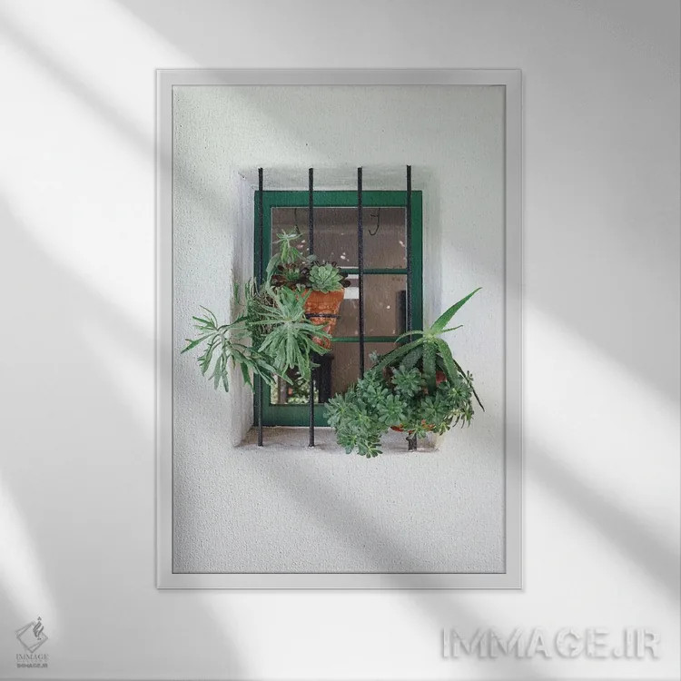 تابلو دکوراتیو پنجره با گیاهان اثر کارن منداو - نمای قابدار سفید