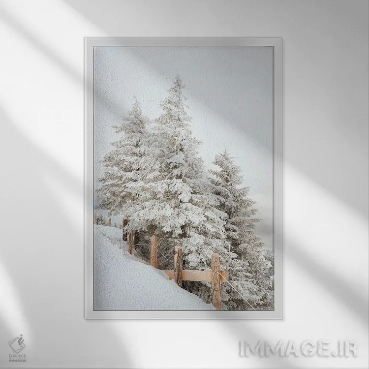 تابلو دکوراتیو درختان کاج سفید با نرده اثر کارن منداو - نمای قابدار سفید