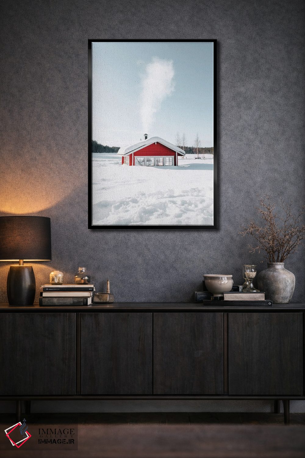 تابلو دکوراتیو کلبه قرمز برفی با دودکش فعال اثر کارن منداو - D2B