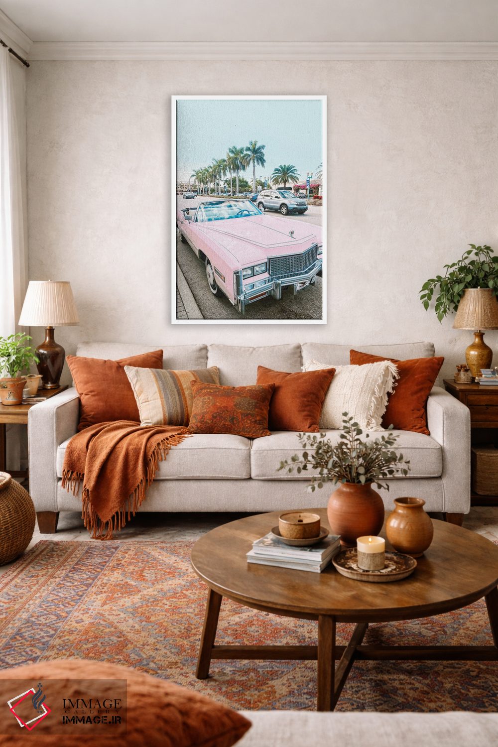 تابلو دکوراتیو ماشین رترو صورتی در لس آنجلس اثر کارن منداو - D1W