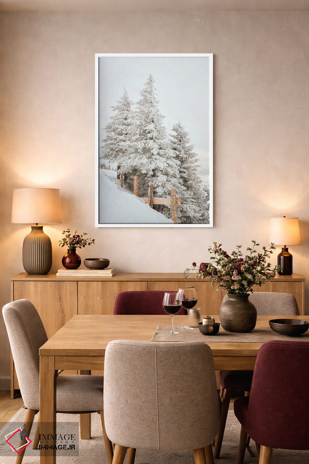 تابلو دکوراتیو درختان کاج سفید با نرده اثر کارن منداو - D5W