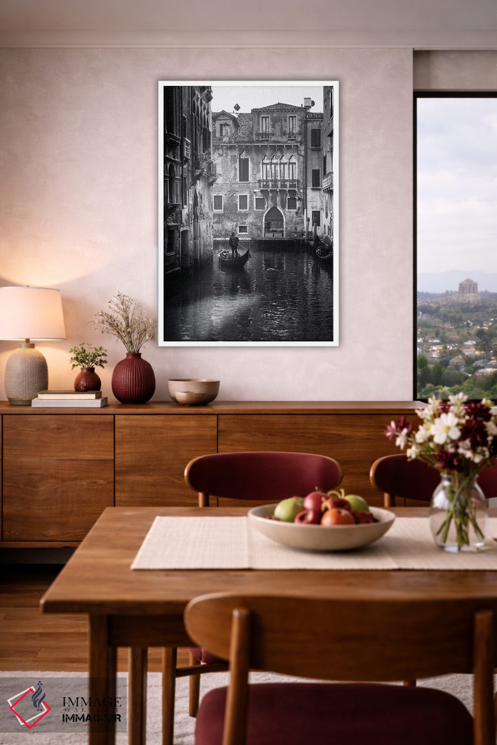 تابلو دکوراتیو کانال ونیز با گوندولا سیاه و سفید اثر کارن منداو - D3W