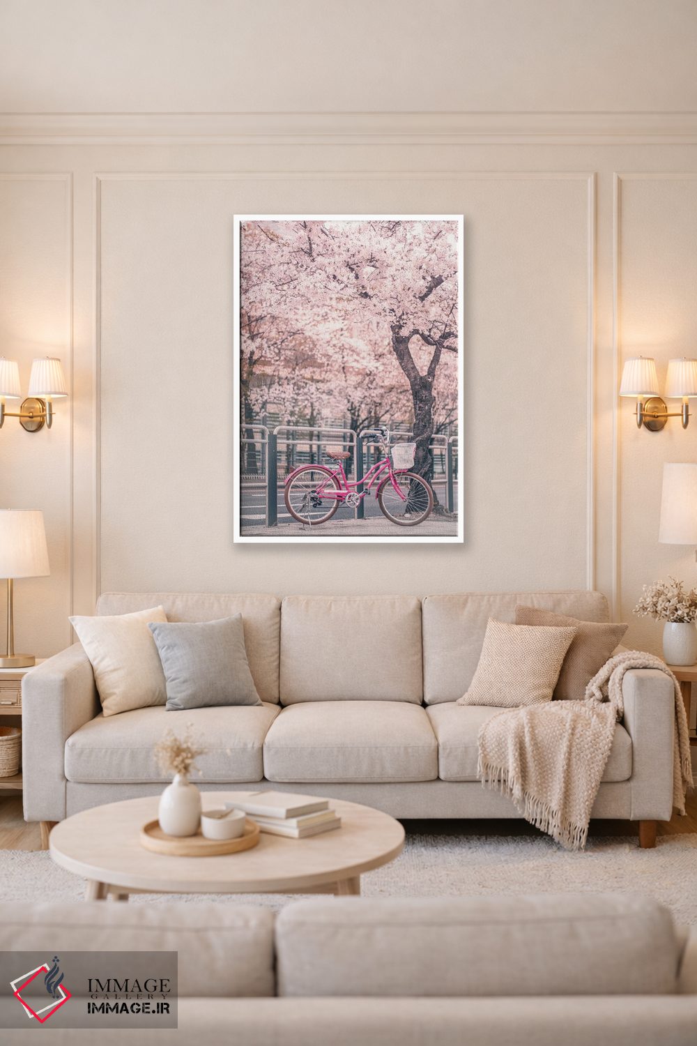 تابلو دکوراتیو دوچرخه صورتی زیر درختان گیلاس اثر کارن منداو - D2W
