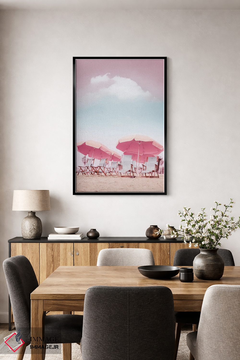 تابلو دکوراتیو صندلی های ساحلی با چتر اثر کارن منداو - D5B