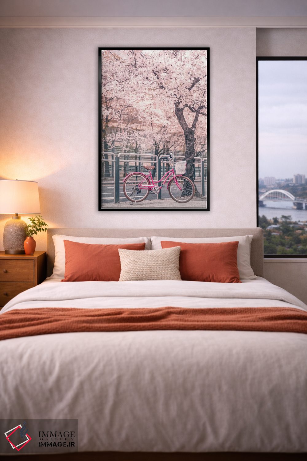 تابلو دکوراتیو دوچرخه صورتی زیر درختان گیلاس اثر کارن منداو - D4B