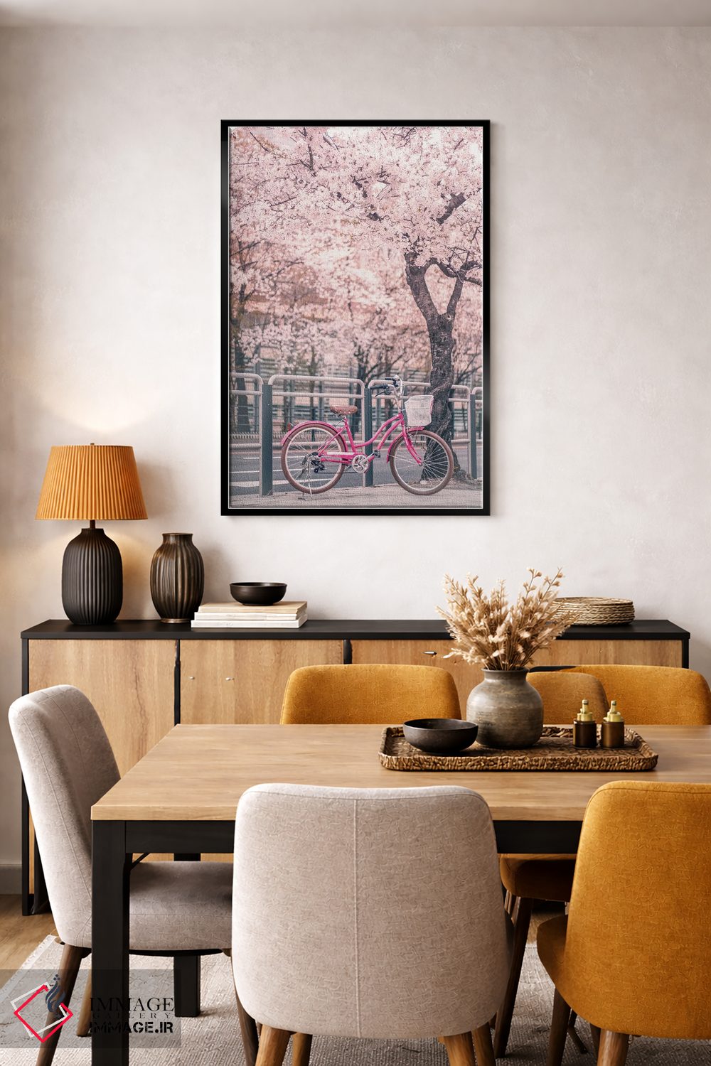 تابلو دکوراتیو دوچرخه صورتی زیر درختان گیلاس اثر کارن منداو - D6B