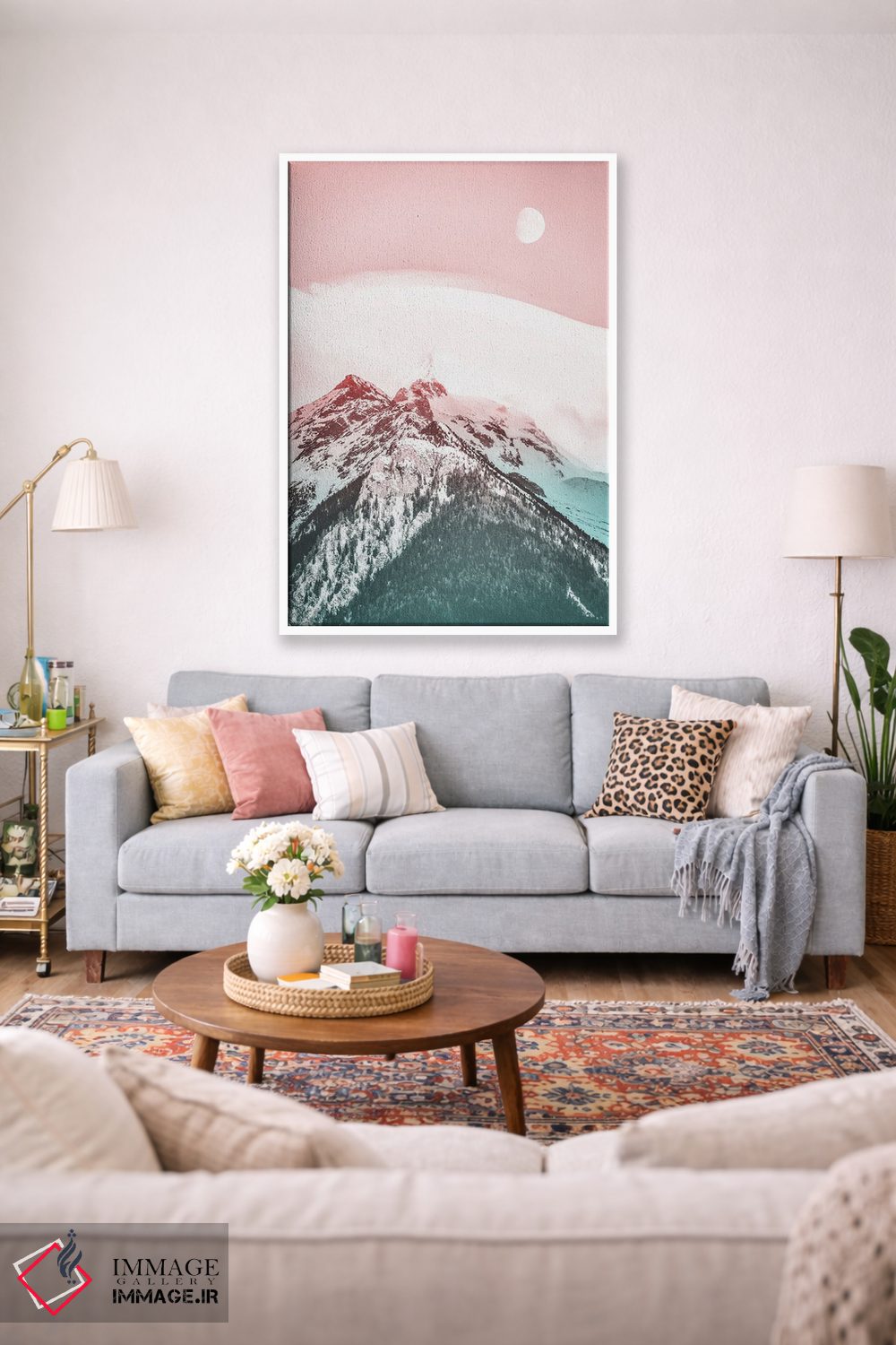 تابلو دکوراتیو کوه های صورتی و ماه اثر کارن منداو - D1W
