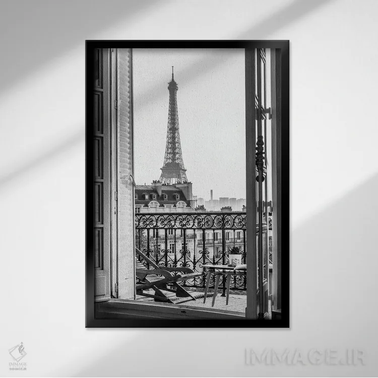 تابلو دکوراتیو نمای برج ایفل از بالکن پاریس اثر کارن منداو - نمای قابدار مشکی