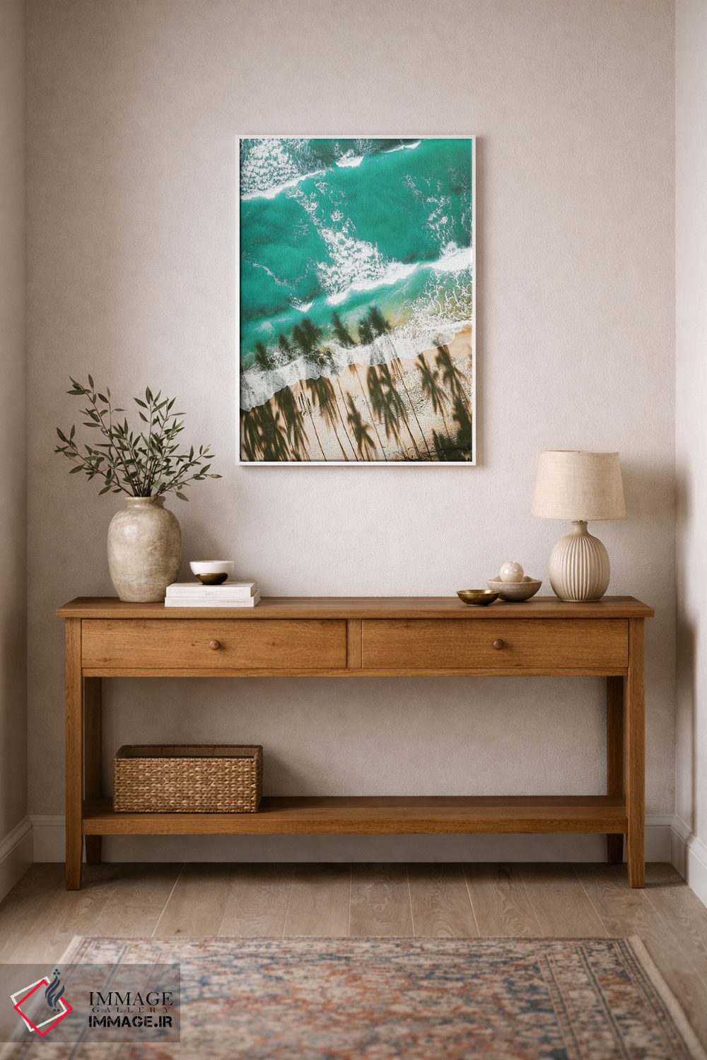 تابلو دکوراتیو ساحل هوایی با سایه نخل ها اثر کارن منداو - D1W