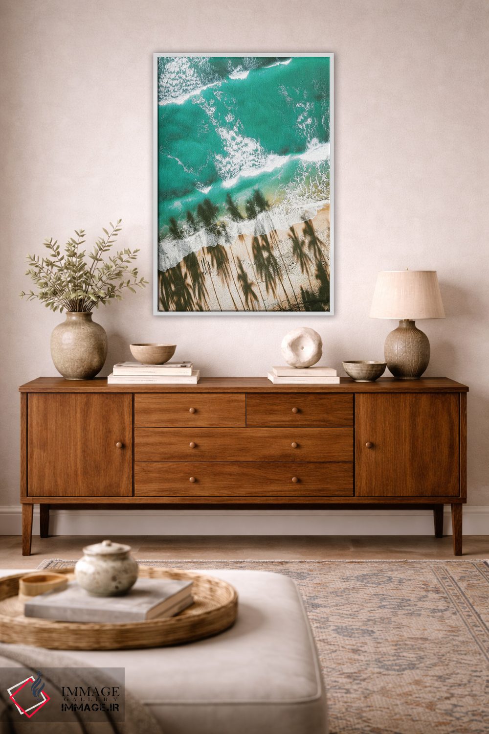 تابلو دکوراتیو ساحل هوایی با سایه نخل ها اثر کارن منداو - D3W