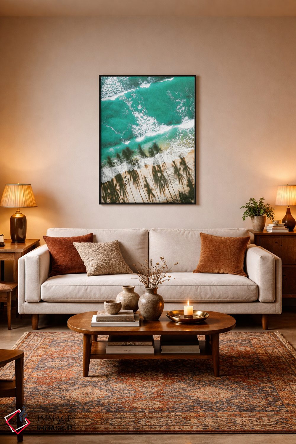 تابلو دکوراتیو ساحل هوایی با سایه نخل ها اثر کارن منداو - D4B