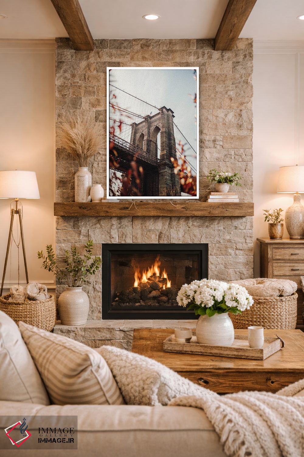 تابلو دکوراتیو پل بروکلین با برگ ها اثر کارن منداو - D1W