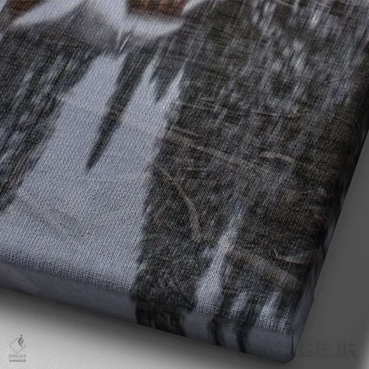 تابلو دکوراتیو کلبه کنار دریاچه زمرد در برف اثر کارن منداو - نمای نزدیک بافت بوم