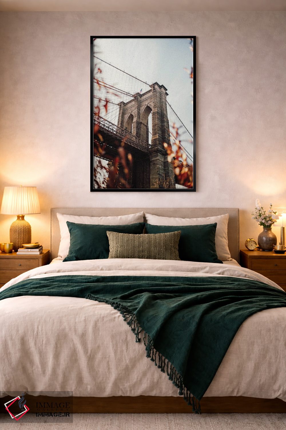 تابلو دکوراتیو پل بروکلین با برگ ها اثر کارن منداو - D5B