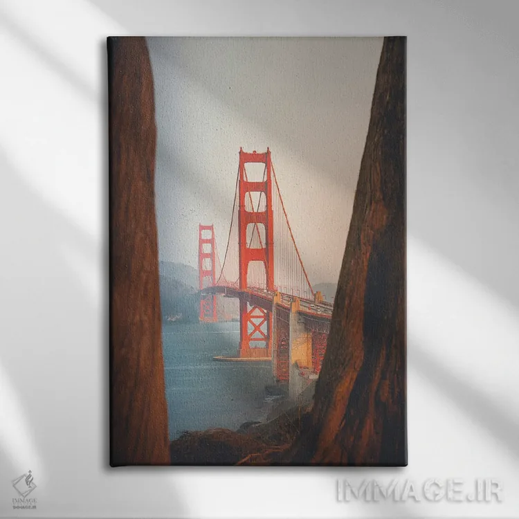 تابلو دکوراتیو پل گلدن گیت با درختان سکویا اثر کارن منداو - نمای روبهرو روی دیوار