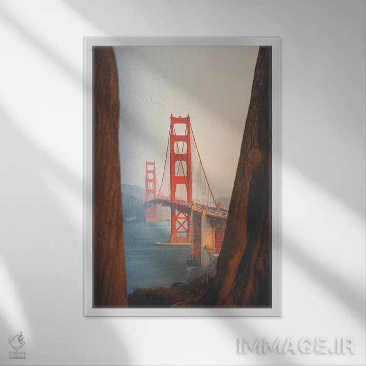 تابلو دکوراتیو پل گلدن گیت با درختان سکویا اثر کارن منداو - نمای قابدار سفید