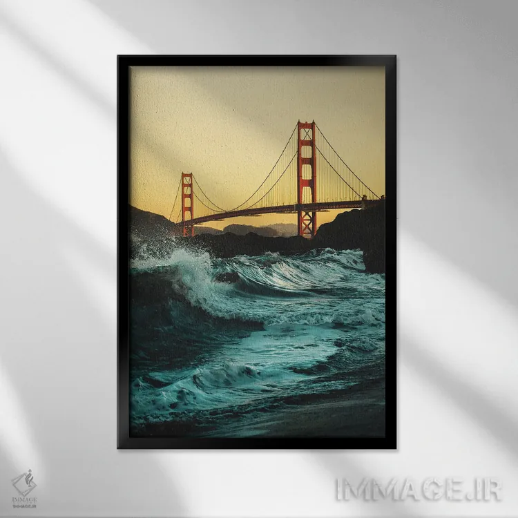 تابلو دکوراتیو پل گلدن گیت با امواج اثر کارن منداو - نمای قابدار مشکی