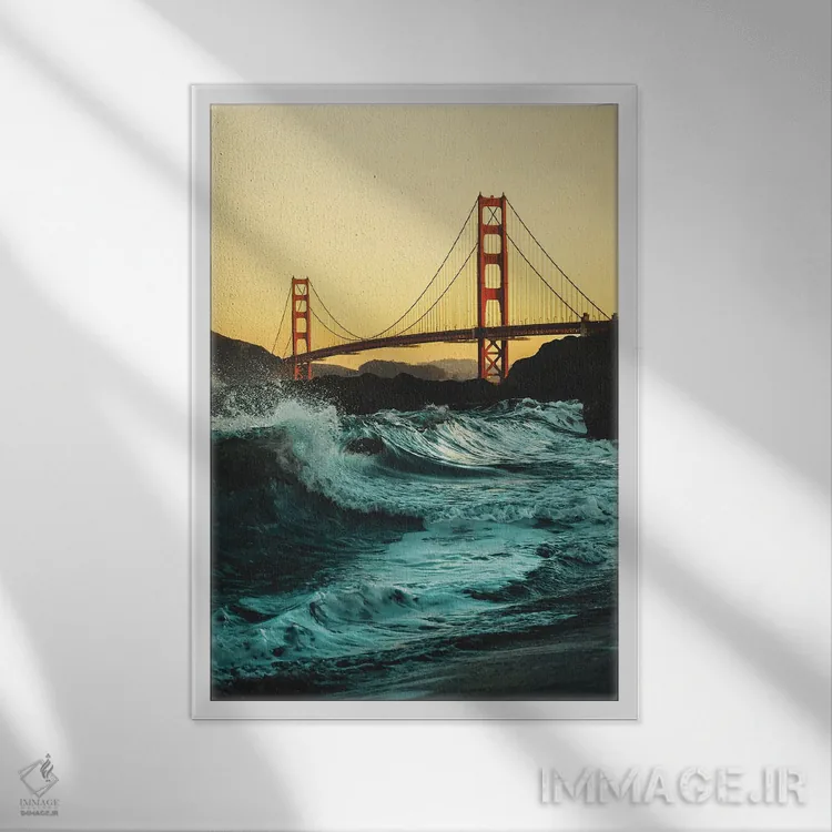 تابلو دکوراتیو پل گلدن گیت با امواج اثر کارن منداو - نمای قابدار سفید