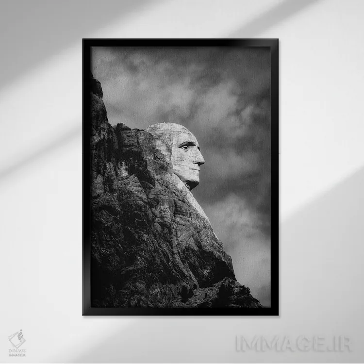 تابلو دکوراتیو پرتره جورج واشنگتن، کوه راشمور اثر کارن منداو - نمای قابدار مشکی