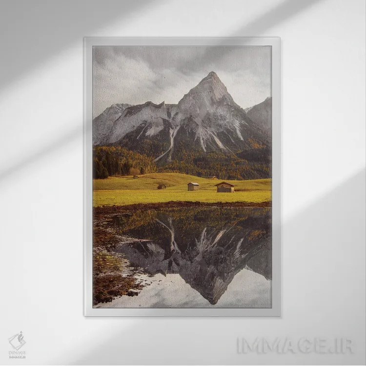 تابلو دکوراتیو دریاچه کوهستانی در اتریش اثر کارن منداو - نمای قابدار سفید